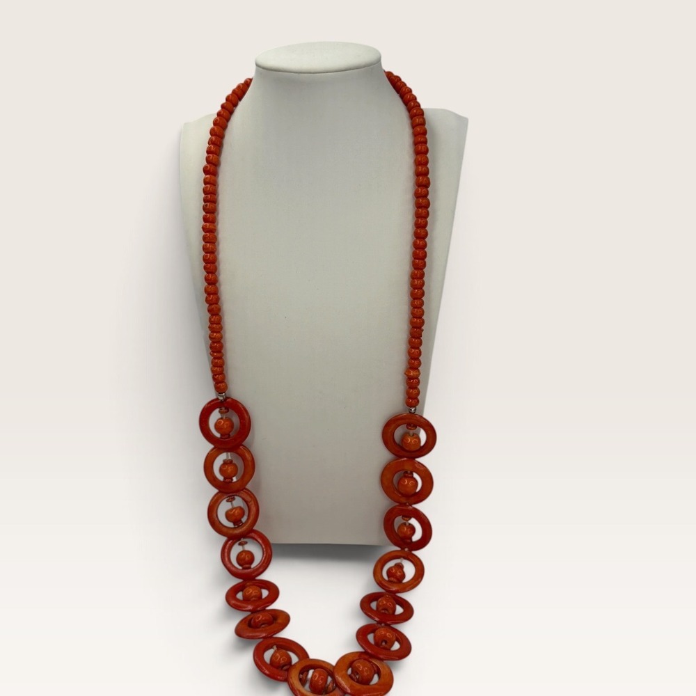 Vintage Chunky Orange Red Wood Bead Statement Necklace Geometric Circle Boho Y2K